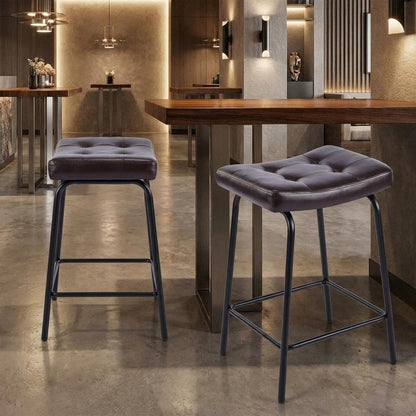 Set of Two 25" Black Faux Leather And Metal Counter Height Bar Chairs