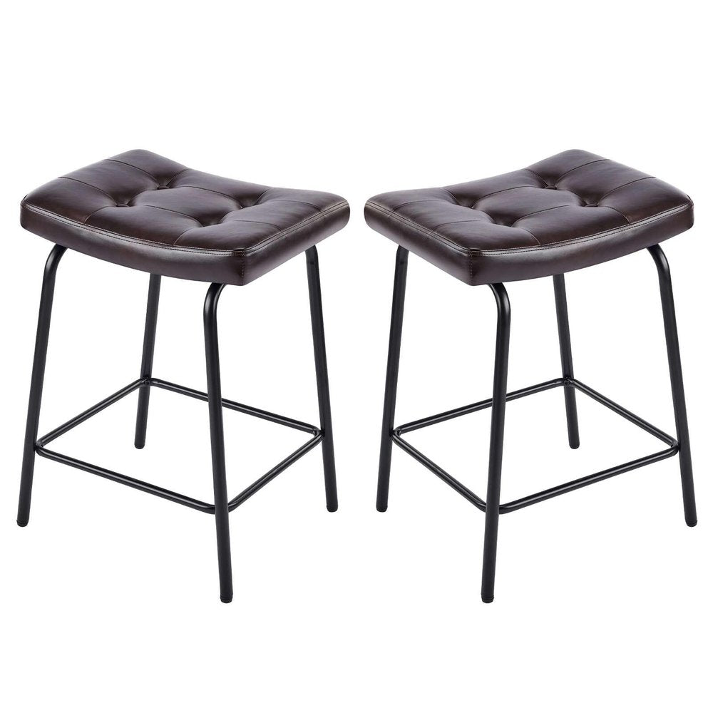 Set of Two 25" Black Faux Leather And Metal Counter Height Bar Chairs