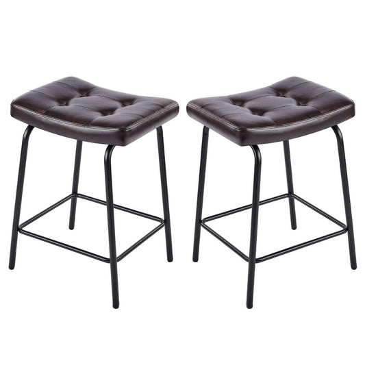 Set of Two 25" Black Faux Leather And Metal Counter Height Bar Chairs