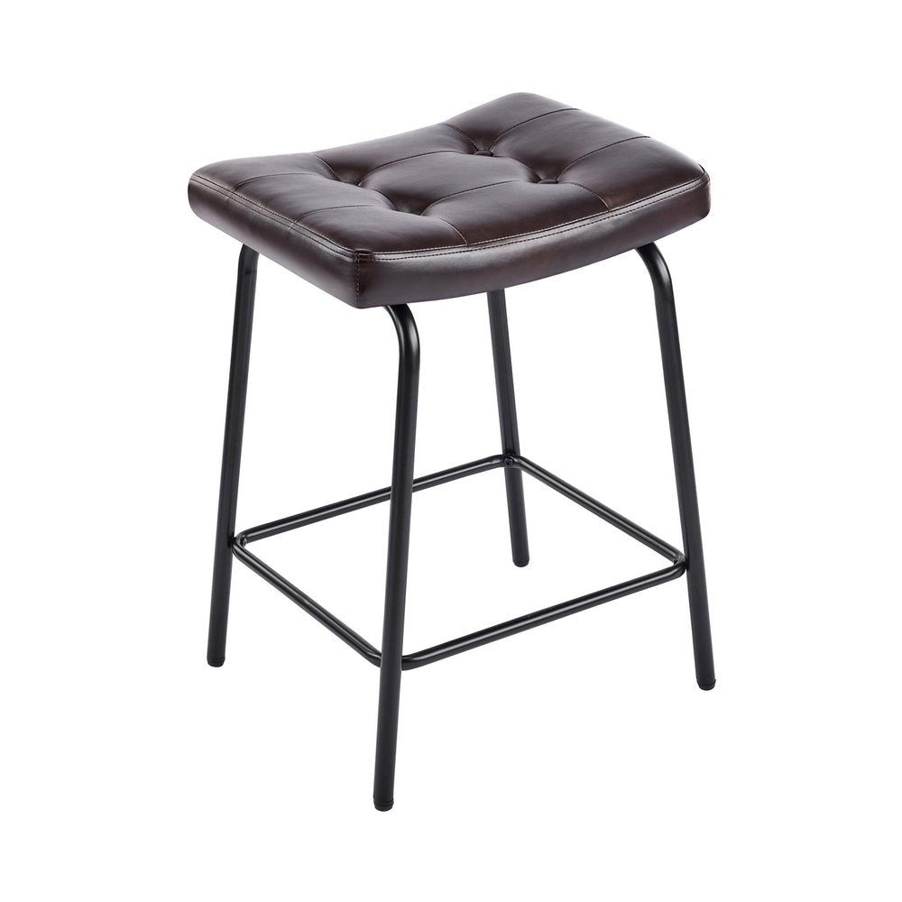 Set of Two 25" Black Faux Leather And Metal Counter Height Bar Chairs