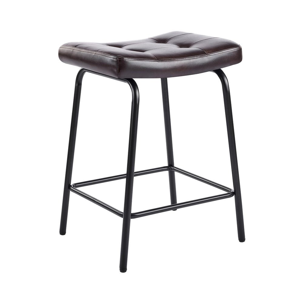 Set of Two 25" Black Faux Leather And Metal Counter Height Bar Chairs