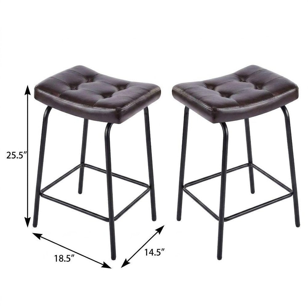 Set of Two 25" Black Faux Leather And Metal Counter Height Bar Chairs