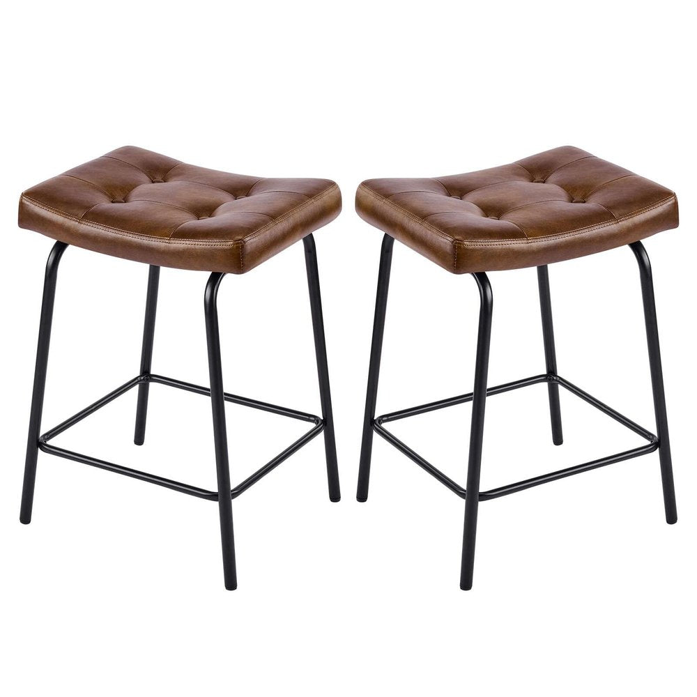 Set of Two 25" Black Faux Leather And Metal Counter Height Bar Chairs