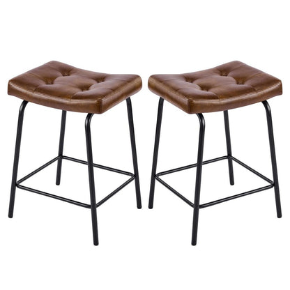 Set of Two 25" Black Faux Leather And Metal Counter Height Bar Chairs