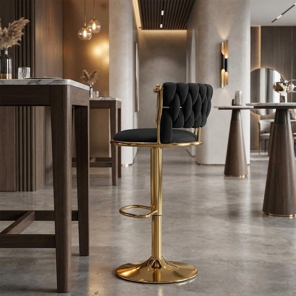 Black And Gold Velvet And Metal Low Back Adjustable Height Swivel Bar Chair