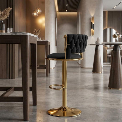 Black And Gold Velvet And Metal Low Back Adjustable Height Swivel Bar Chair