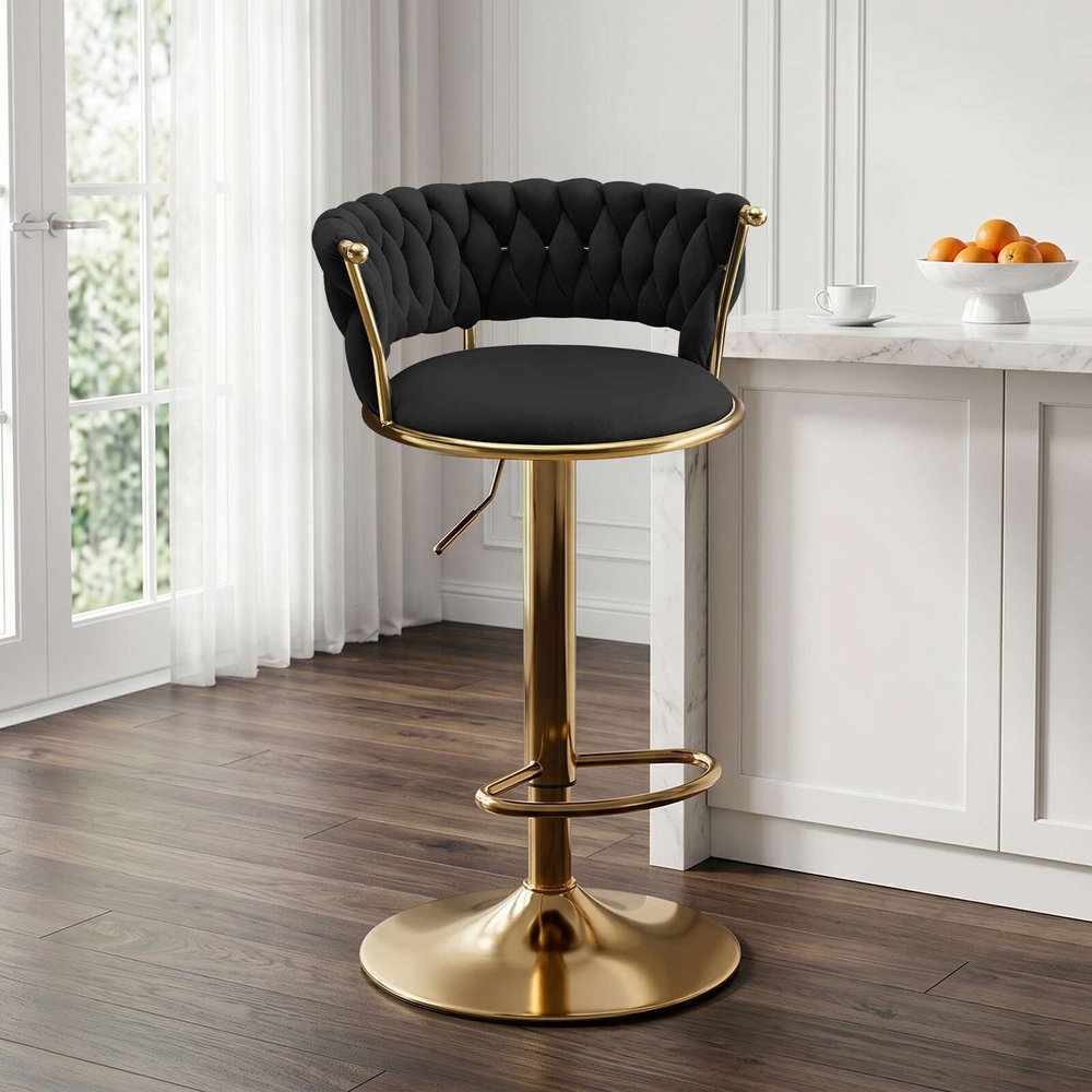 Black And Gold Velvet And Metal Low Back Adjustable Height Swivel Bar Chair