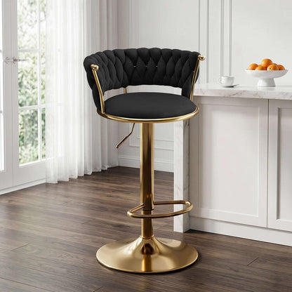 Black And Gold Velvet And Metal Low Back Adjustable Height Swivel Bar Chair