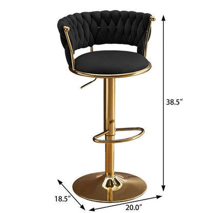 Black And Gold Velvet And Metal Low Back Adjustable Height Swivel Bar Chair