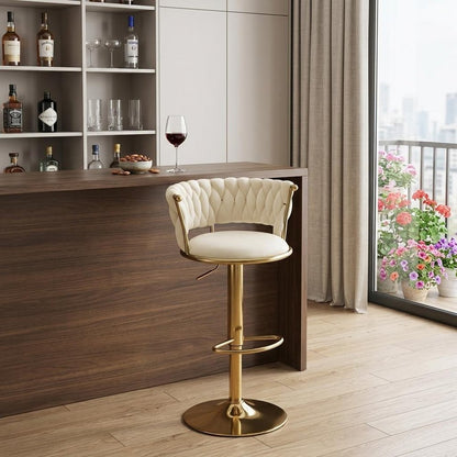 Beige And Gold Velvet And Metal Low Back Adjustable Height Swivel Bar Chair