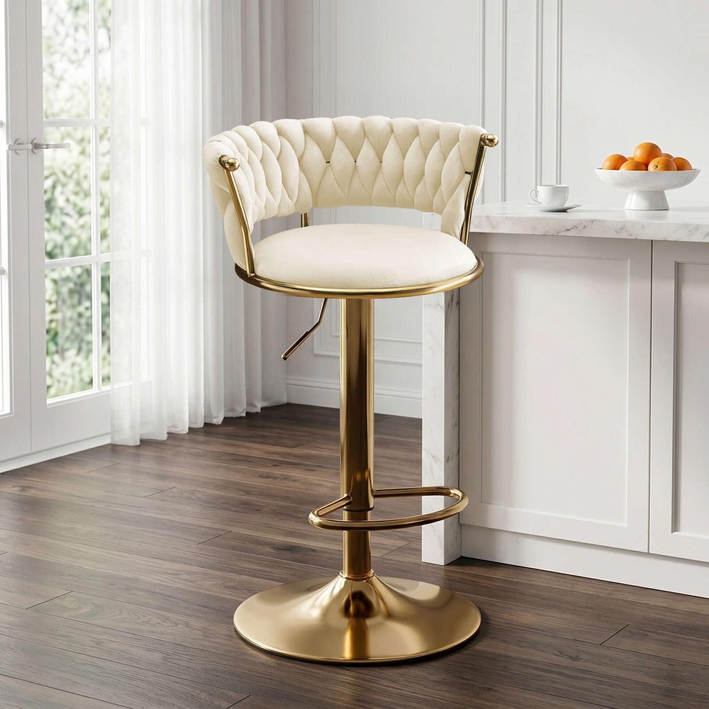 Beige And Gold Velvet And Metal Low Back Adjustable Height Swivel Bar Chair