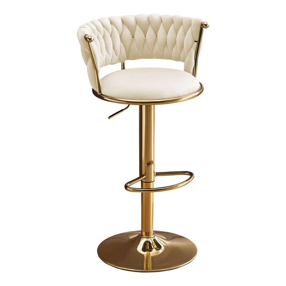 Beige And Gold Velvet And Metal Low Back Adjustable Height Swivel Bar Chair