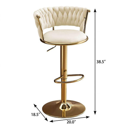 Beige And Gold Velvet And Metal Low Back Adjustable Height Swivel Bar Chair
