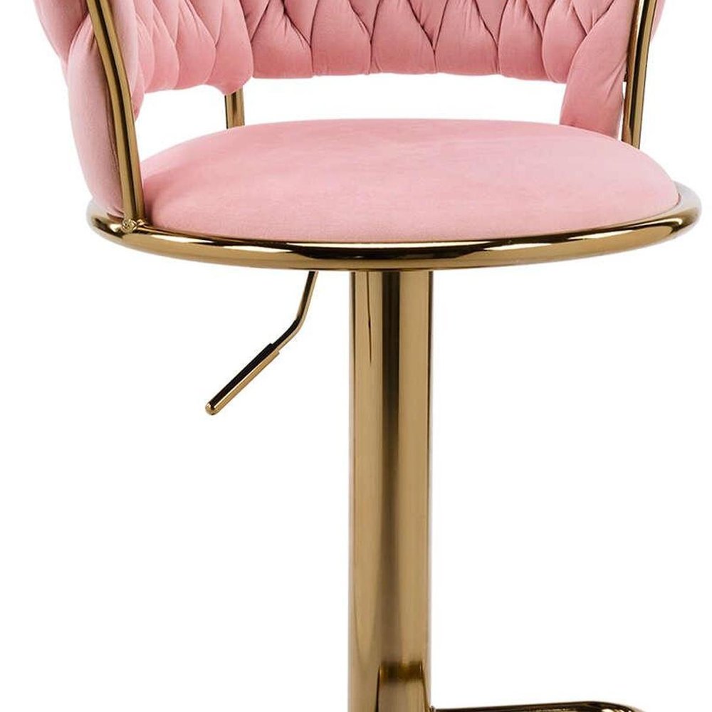 Pink And Gold Velvet And Metal Low Back Adjustable Height Swivel Bar Chair