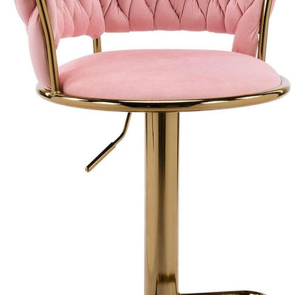Pink And Gold Velvet And Metal Low Back Adjustable Height Swivel Bar Chair