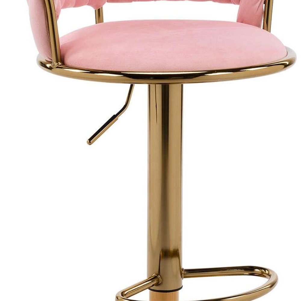 Pink And Gold Velvet And Metal Low Back Adjustable Height Swivel Bar Chair