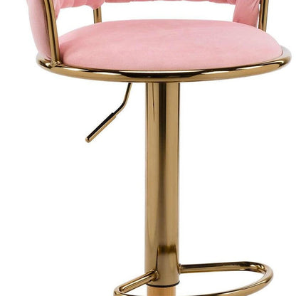 Pink And Gold Velvet And Metal Low Back Adjustable Height Swivel Bar Chair