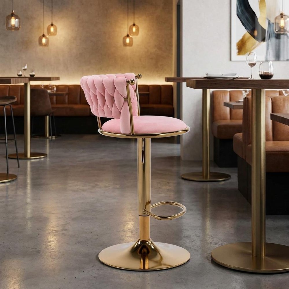 Pink And Gold Velvet And Metal Low Back Adjustable Height Swivel Bar Chair