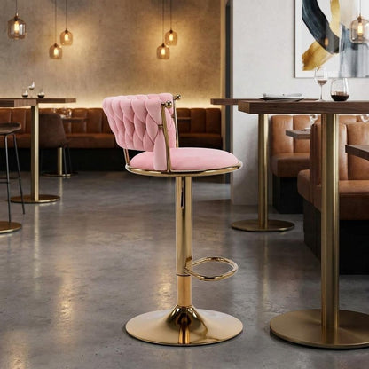 Pink And Gold Velvet And Metal Low Back Adjustable Height Swivel Bar Chair