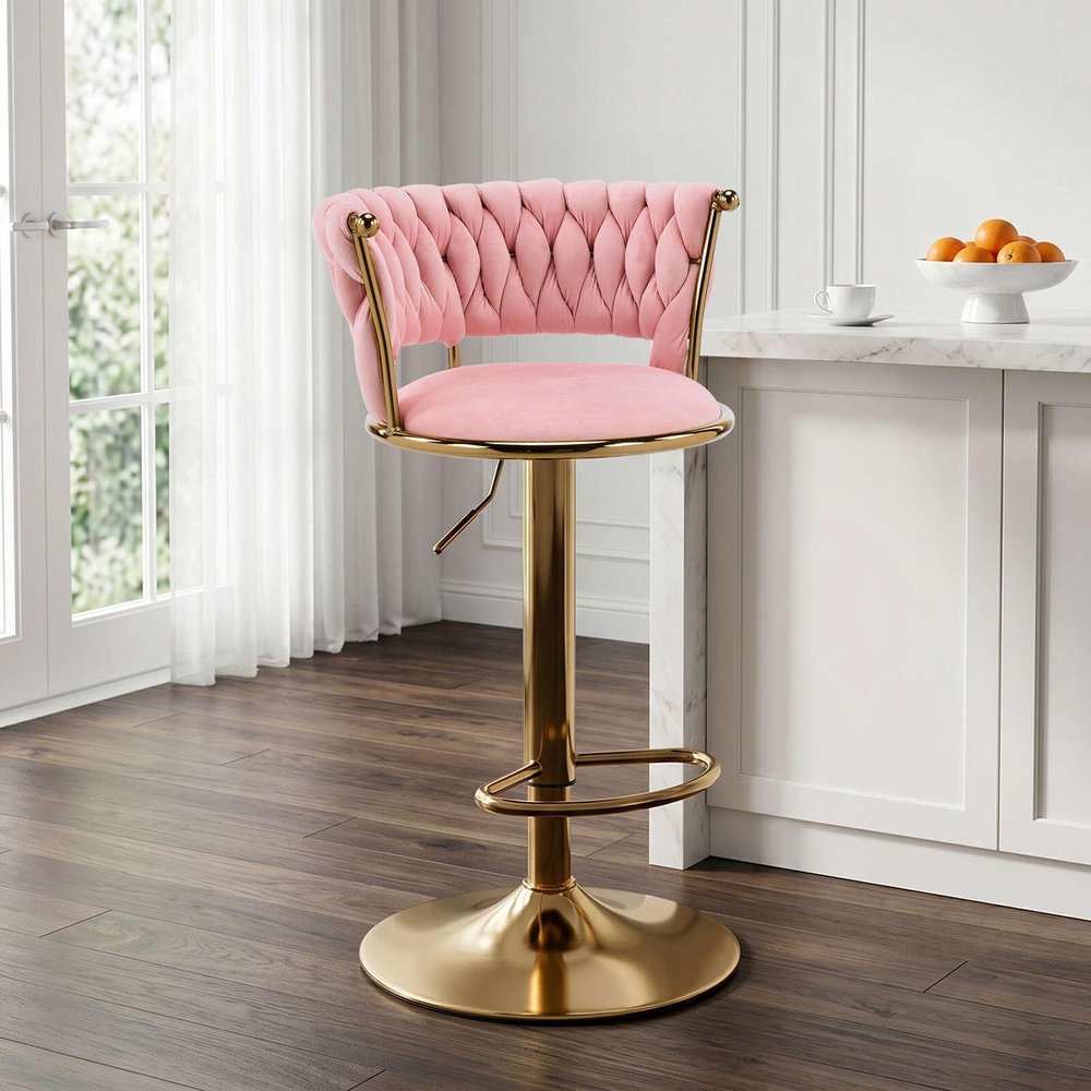 Pink And Gold Velvet And Metal Low Back Adjustable Height Swivel Bar Chair
