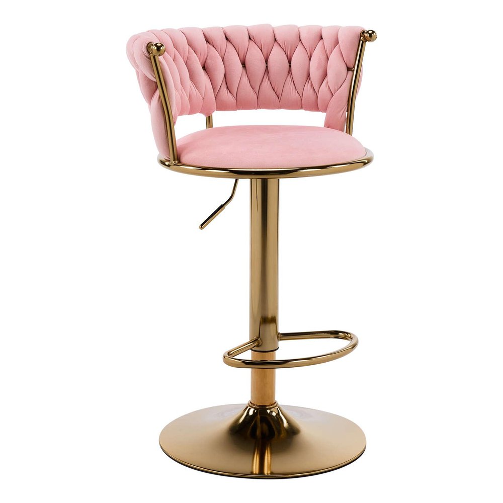 Pink And Gold Velvet And Metal Low Back Adjustable Height Swivel Bar Chair