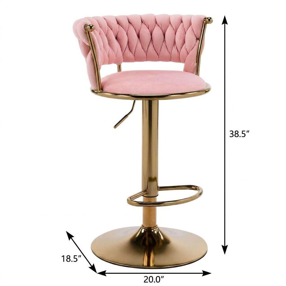 Pink And Gold Velvet And Metal Low Back Adjustable Height Swivel Bar Chair