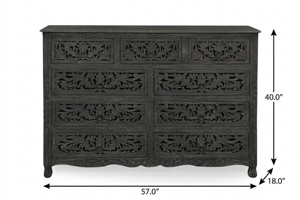 57" Gray Carved Floral Solid Wood Nine Drawer Dresser