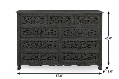57" Gray Carved Floral Solid Wood Nine Drawer Dresser