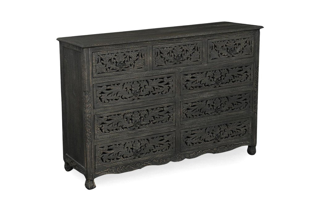 57" Gray Carved Floral Solid Wood Nine Drawer Dresser
