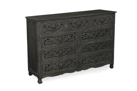 57" Gray Carved Floral Solid Wood Nine Drawer Dresser