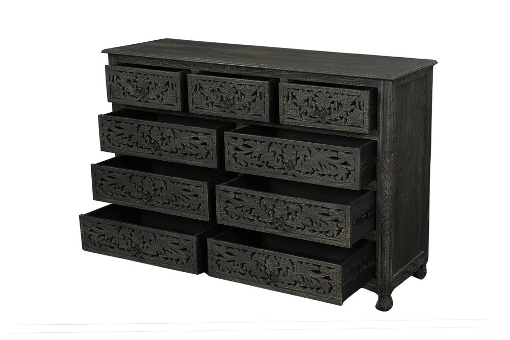 57" Gray Carved Floral Solid Wood Nine Drawer Dresser