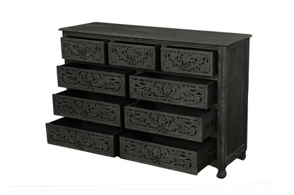 57" Gray Carved Floral Solid Wood Nine Drawer Dresser