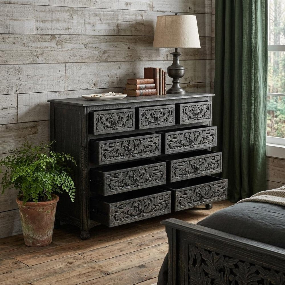57" Gray Carved Floral Solid Wood Nine Drawer Dresser
