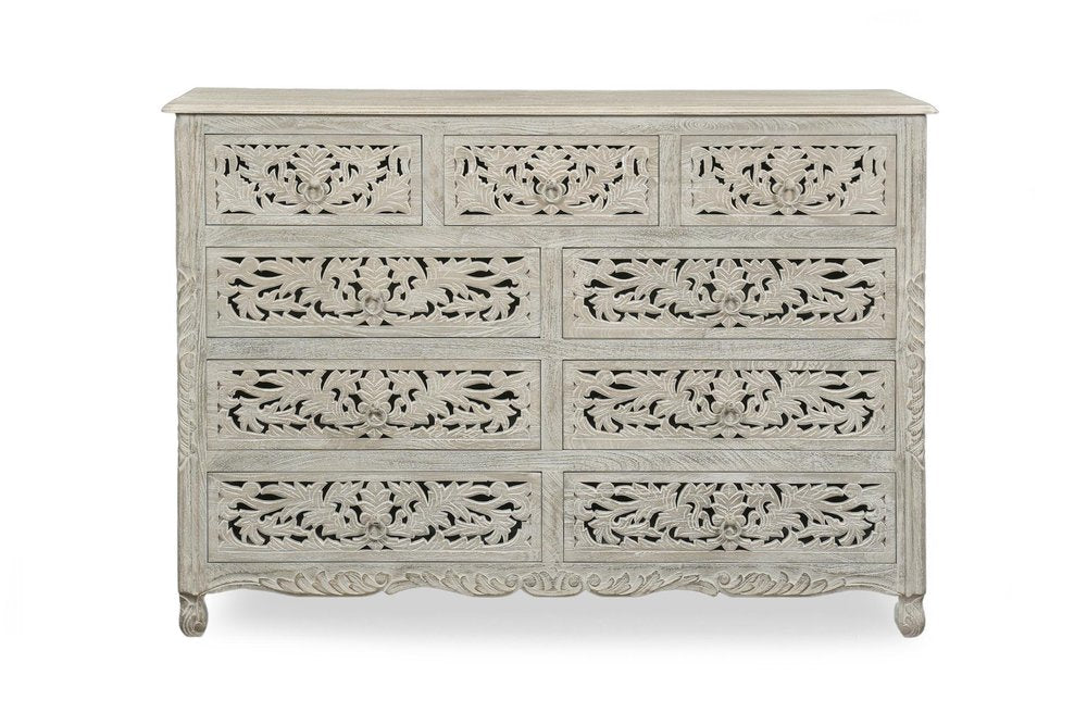 57" Gray Carved Floral Solid Wood Nine Drawer Dresser