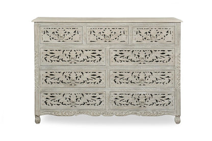 57" Gray Carved Floral Solid Wood Nine Drawer Dresser
