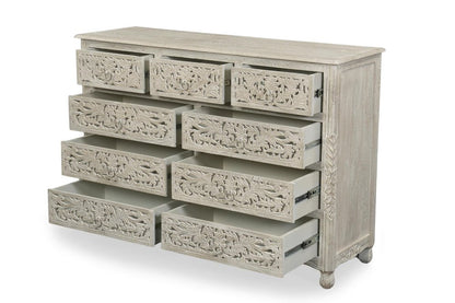 57" Gray Carved Floral Solid Wood Nine Drawer Dresser