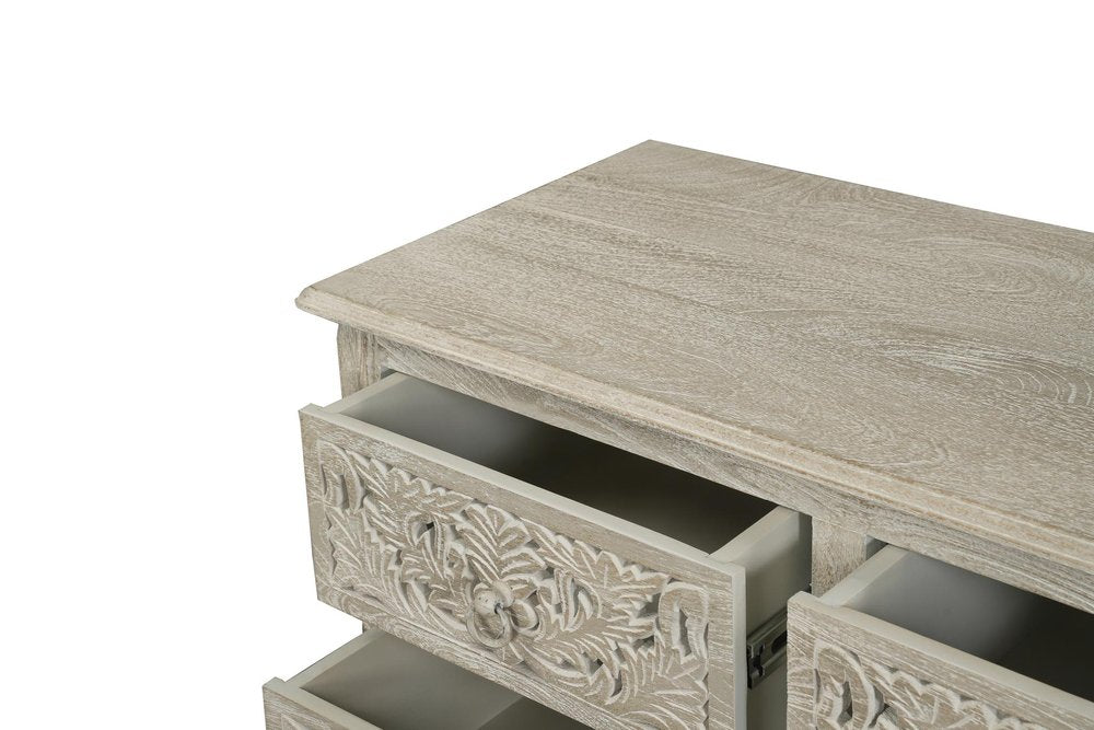 57" Gray Carved Floral Solid Wood Nine Drawer Dresser