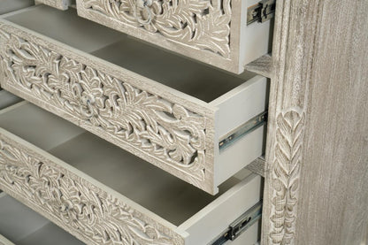 57" Gray Carved Floral Solid Wood Nine Drawer Dresser