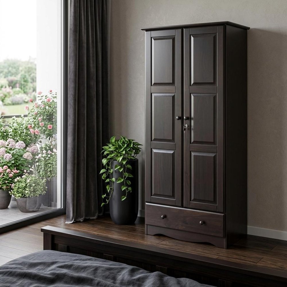 72" Dark Brown Solid Wood Two Door Single Drawer Combo Dresser