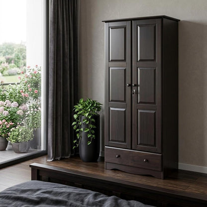 72" Dark Brown Solid Wood Two Door Single Drawer Combo Dresser