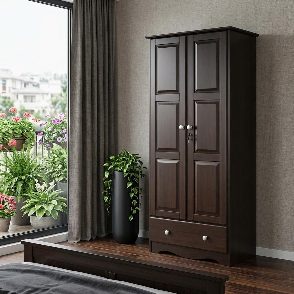 72" Dark Brown Solid Wood Two Door Single Drawer Combo Dresser