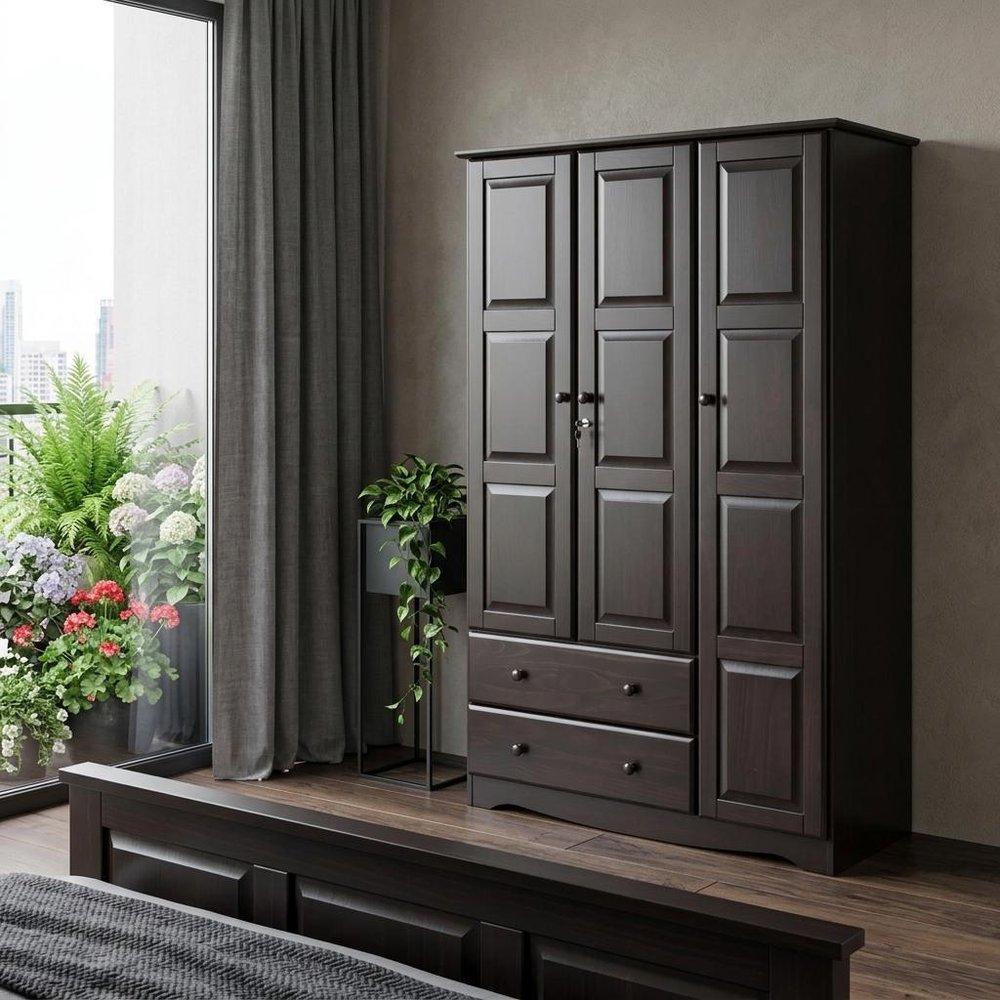 72" Dark Brown Solid Wood Three Door Two Drawer Combo Dresser