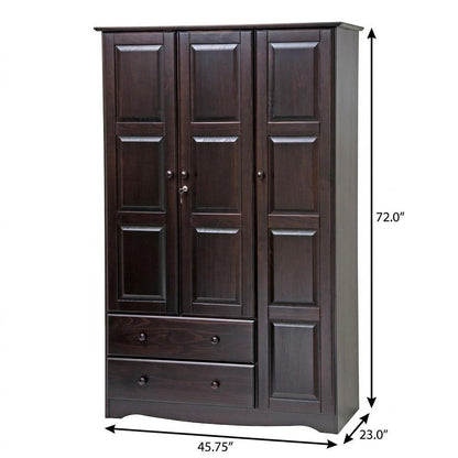 72" Dark Brown Solid Wood Three Door Two Drawer Combo Dresser