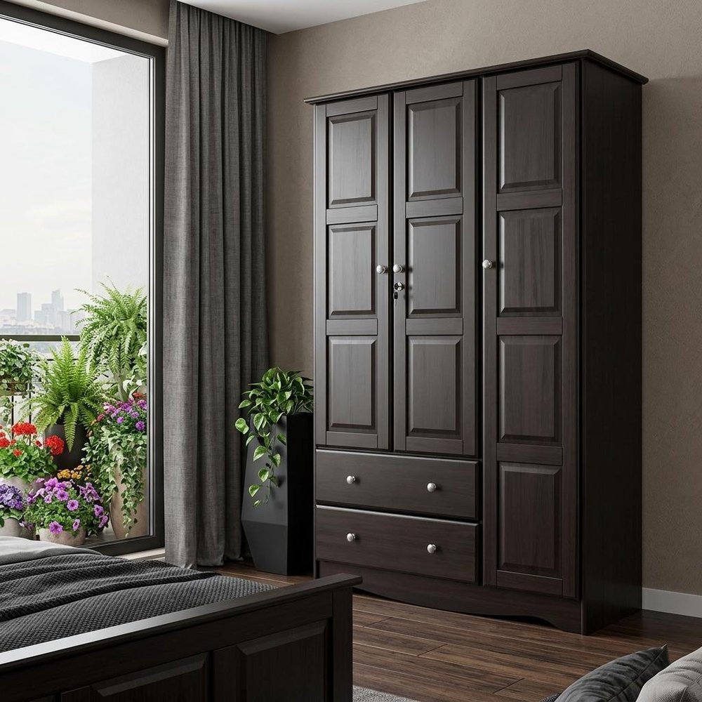 72" Dark Brown Solid Wood Three Door Two Drawer Combo Dresser