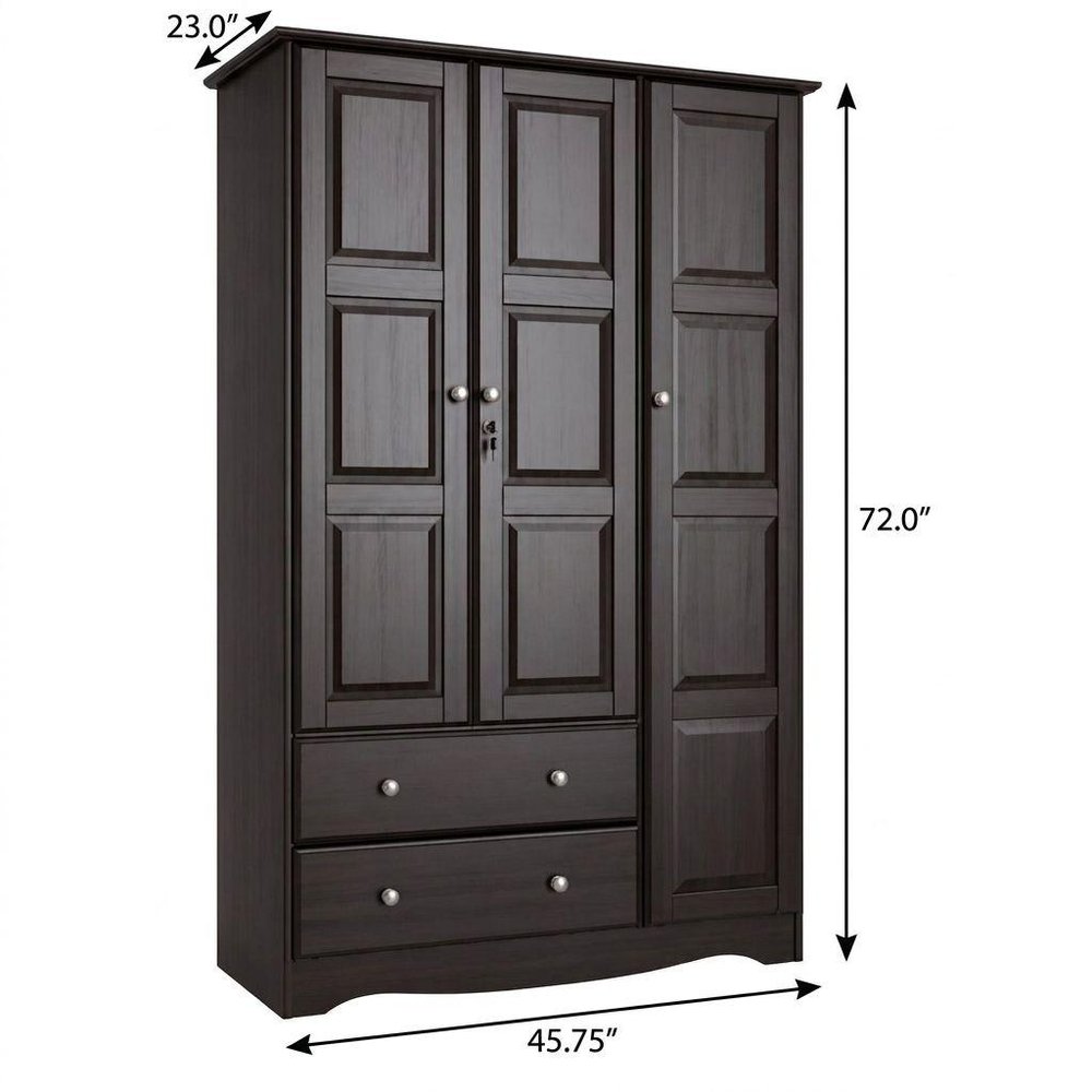 72" Dark Brown Solid Wood Three Door Two Drawer Combo Dresser