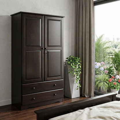 72" Dark Brown Solid Wood Two Door Two Drawer Combo Dresser