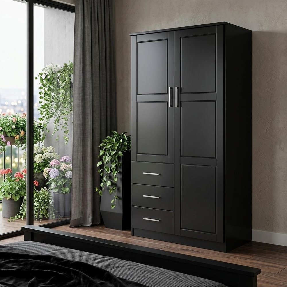 72" Black Solid Wood Two Door Three Drawer Combo Dresser