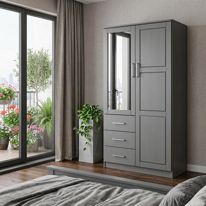 72" Gray Solid Wood Mirrored Two Door Three Drawer Combo Dresser