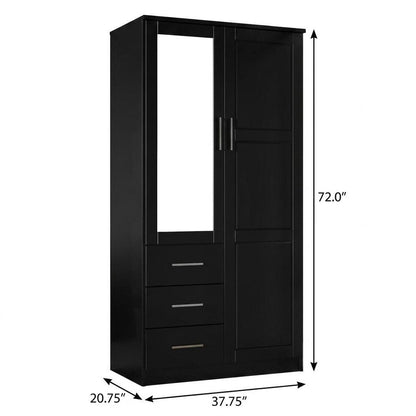 72" Black Solid Wood Mirrored Two Door Three Drawer Combo Dresser