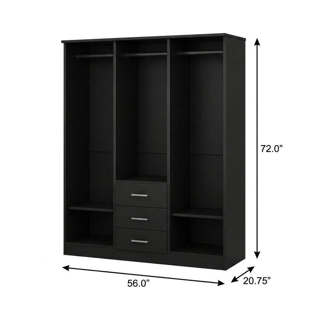 72" Black Solid Wood Three Door Three Drawer Combo Dresser